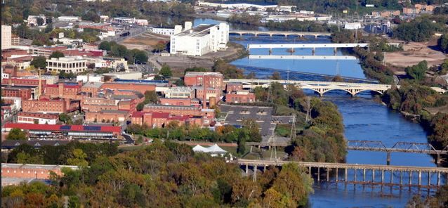 A city view with bridges over a river